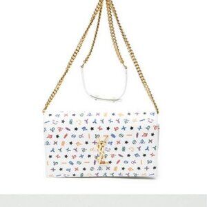 SAINT LAURENT Grain De Poudre Zodiac Print Small Monogram Kate Clutch in White